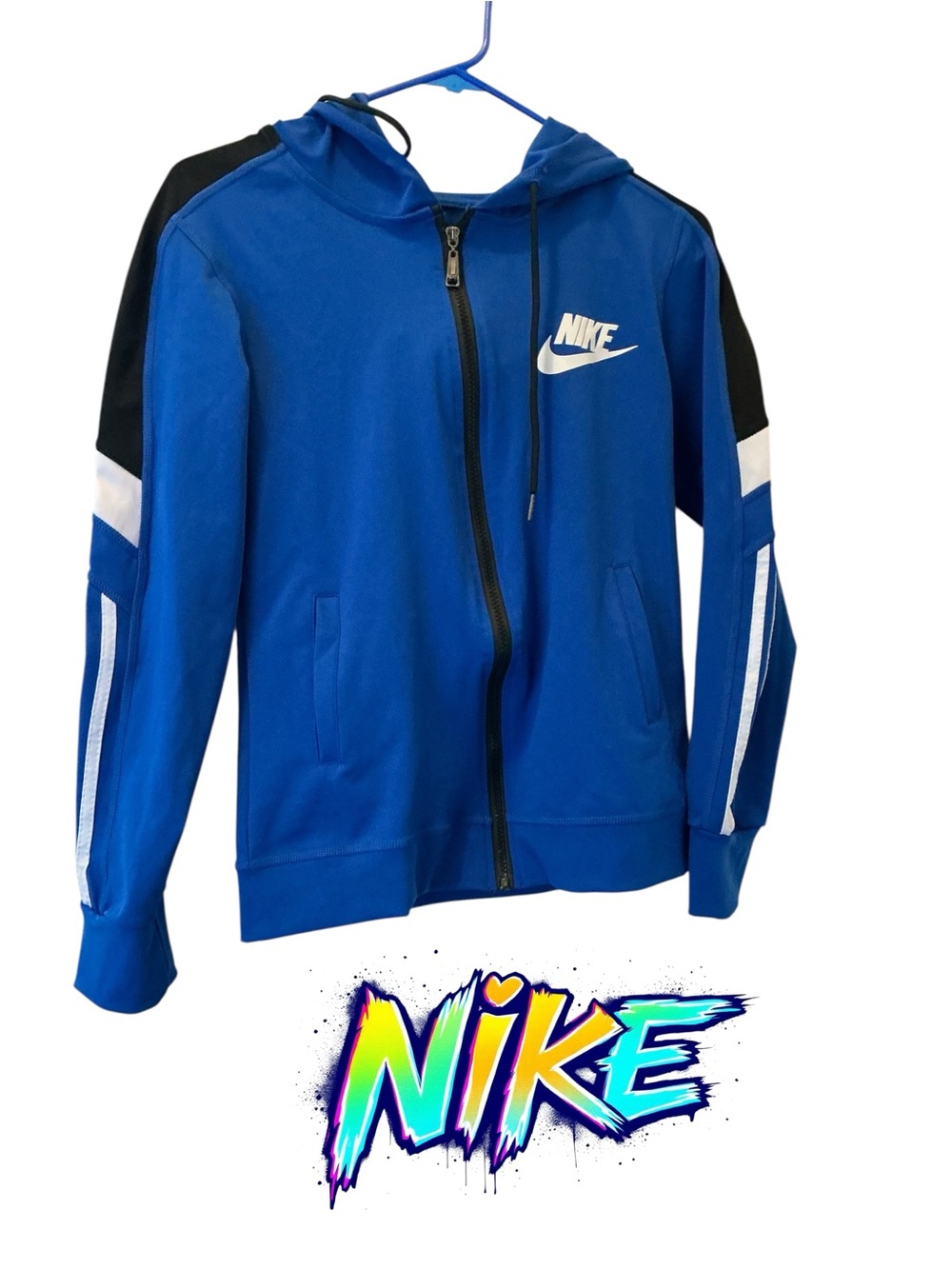 Nike Men's Royal Blue Hooded Zip Windbreaker with Black & White Accents